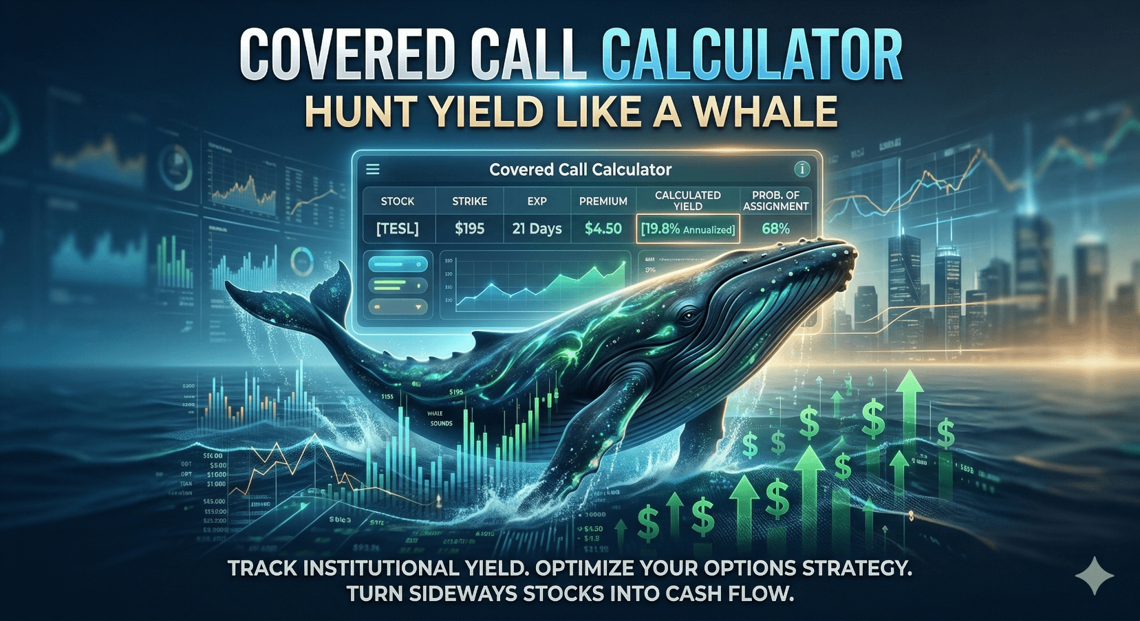 Covered call calculator interface with a digital whale jumping through stock market charts, symbolizing institutional yield and cash flow strategy.